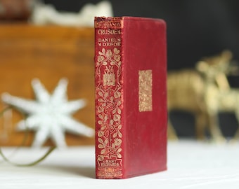 Antique ‘The Adventures of Robinson Crusoe’ by Daniel Defoe. 1902. Leathbound. Red. Gilt. Art Nouveau. Classic adventure story. Edwardian.