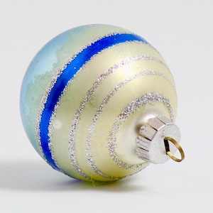 Vintage glass Christmas baubles. Silver + blue coloured. Set of four. Medium size. Original storage box. Made in Germany. Circa 1980s.