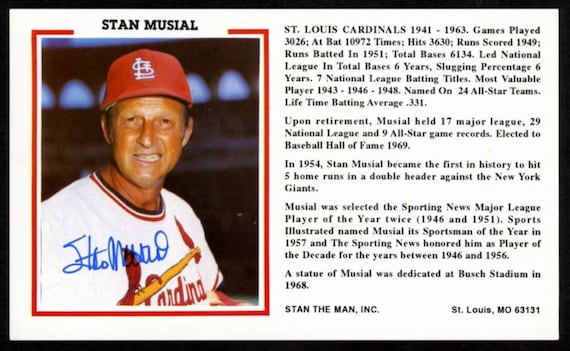 Stan Musial (D. 2013, St. Louis Cardinals, HOF) Signed Cardinals Postcard (JSA COA)