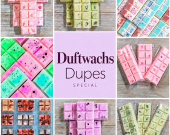 Könnte beinhalten: Eine Sammlung rechteckiger Duftwachs-Riegel in verschiedenen Farben und Mustern, darunter Rosa, Grün und mehrfarbige Designs. Das mittlere Feld zeigt den Text Duftwachs Dupes SPECIAL in dunkelvioletter Schrift auf hellviolettem Grund.