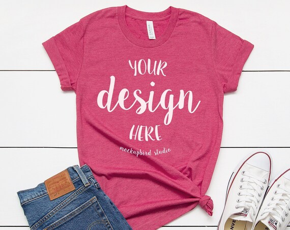 Download T Shirt Mockup Bella Canvas 3001 Mockup Heather Raspberry Pink 3d Photorealistic Logo Mockup Free Download PSD Mockup Templates