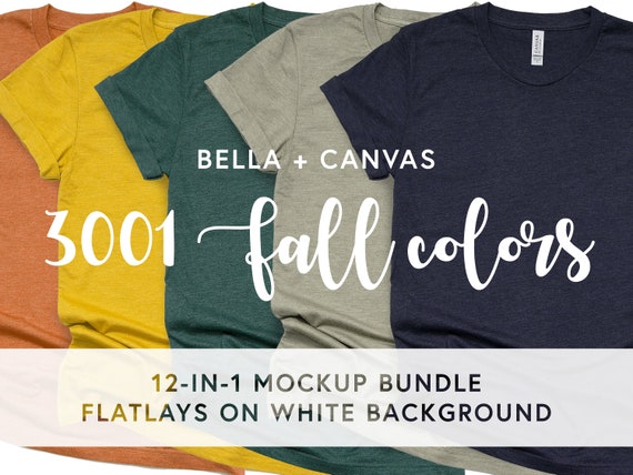 Bella Canvas 3001 Mockup Bundle 12 Fall Colors Heather Mustard Autumn Clay Cardinal Stone Brown Olive Forest Slate Navy Midnight Navy Maroon