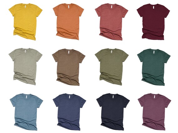 Bella Canvas 3001 Mockup Bundle 12 Fall Colors Heather Mustard Autumn Clay Cardinal Stone Brown Olive Forest Slate Navy Midnight Navy Maroon