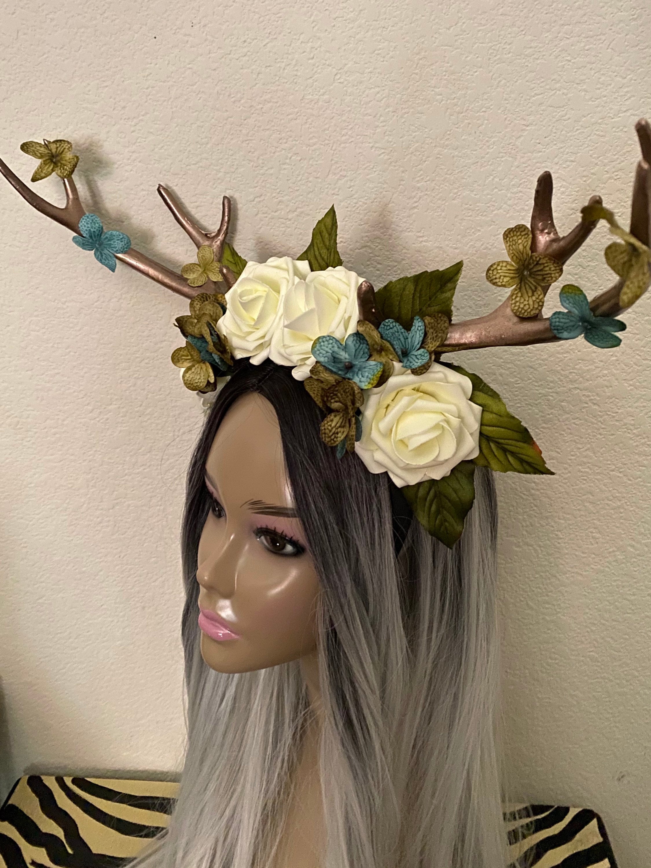 Woodland Flower Headband Women\'s Costume Antler with LED Lights for Festivals Amazon.com : Marfestiva Flower Crown Deer Antler Headband  main image 3