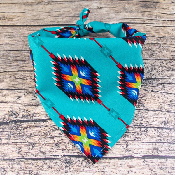 Southwest Dog Bandana Teal | Tie On Dog Scarf | Teal Dog Bandana | Aztec Dog Bandana | Geometric Dog Bandana | Southwest Dog Accessory