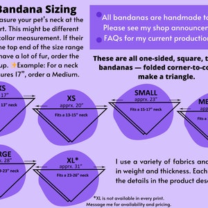 May include: A sizing guide for dog bandanas, featuring measurements in inches for various sizes: XXS (approx. 17"), XS (approx. 20"), Small (approx. 23"), Medium (approx. 25.5"), Large (approx. 28"), and XL (approx. 31"). The guide explains how to measure a dog's neck for the correct fit.