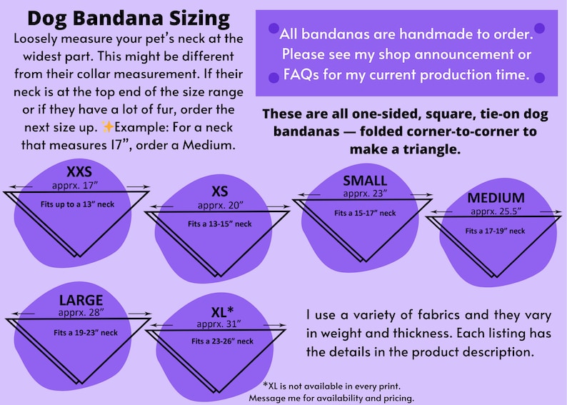 May include: A sizing guide for dog bandanas, featuring measurements in inches for various sizes: XXS (approx. 17"), XS (approx. 20"), Small (approx. 23"), Medium (approx. 25.5"), Large (approx. 28"), and XL (approx. 31"). The guide explains how to measure a dog's neck for the correct fit.