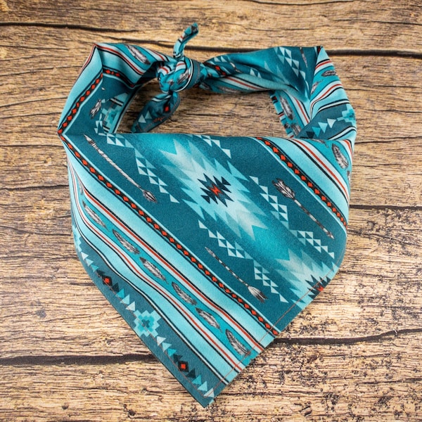 Dog Bandana Teal Feather | Tie On Southwest Dog Bandana | Dog Accessory | Boho Dog Bandana | Turquoise Dog Bandana | Aztec Dog Bandana