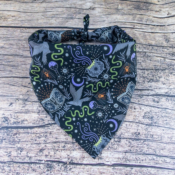 Witchy Halloween Dog Bandana Black | Tie On Dog Scarf | Witch Dog Bandana | Spellbound Dog Scarf | Creepy Dog Bandana | Raven Dog Bandana