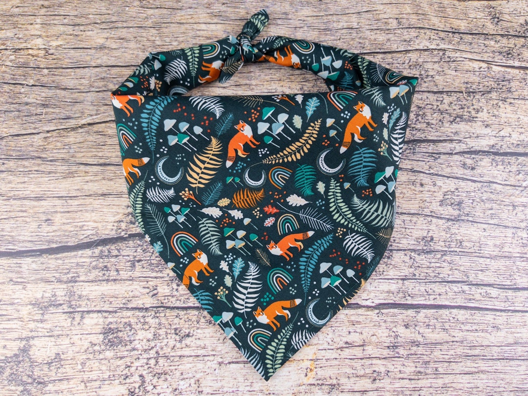 Fox Dog Bandana Super Dark Green Tie on Dog Scarf Mushroom Dog Bandana