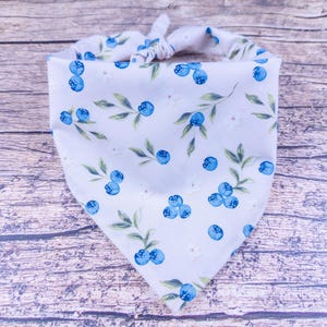 May include: A light-colored dog bandana with a repeating pattern of blue blueberries and green leaves. The bandana is tied at the top, forming a triangle shape. The background is a wooden surface.