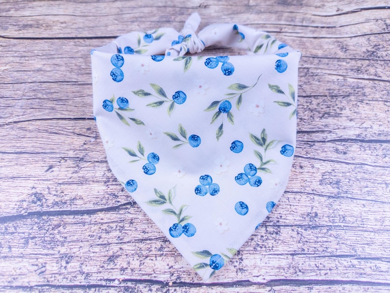 May include: A light-colored dog bandana with a repeating pattern of blue blueberries and green leaves. The bandana is tied at the top, forming a triangle shape. The background is a wooden surface.