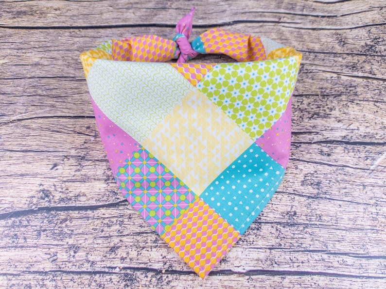 May include: A colorful patchwork dog bandana with a variety of patterns, including polka dots, floral designs, and geometric shapes. The bandana features a mix of pink, yellow, blue, and green fabrics, tied at the top.