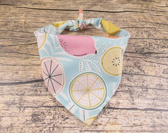 May include: A blue bandana with a lemon and lime print. The bandana has a pink lemon in the center and yellow lemons around the edges.