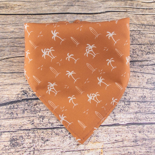 Surf Dog Bandana Beach Vibes | Tie On Dog Scarf | Brown Dog Bandana | Beach Dog Bandana | Palm Trees Dog Bandana | Summer Dog Bandana