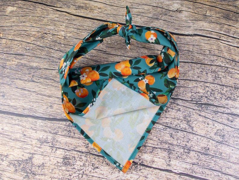 May include: A teal blue bandana with a white and orange floral print featuring oranges and leaves. The bandana is folded in a triangle shape.