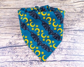 Celestial Bat Halloween Dog Bandana | Teal Tie On Dog Scarf | Celestial Dog Bandana | Spooky Dog Bandana | Halloween Dog Accessory