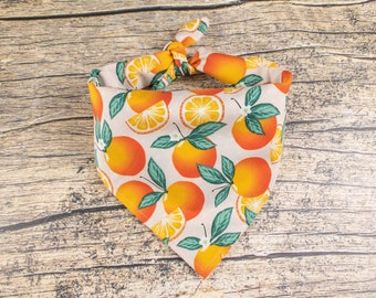 May include: A light pink bandana with a pattern of orange slices and green leaves. The bandana is tied in a knot at the top.