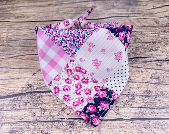 Girly Flowers & Plaid Patchwork Dog Bandana - Cottagecore Dog Accessory