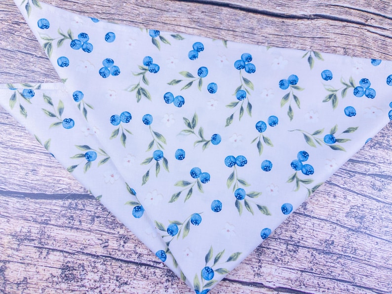 May include: A light blue bandana with a repeating pattern of blue blueberries, green leaves, and small white flowers. The bandana is folded in a triangle shape, with the pattern visible on the fabric.