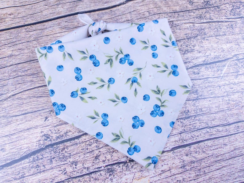 May include: A white pet bandana with a pattern of blue blueberries, green leaves, and small white flowers. The bandana is tied at the top, ready to be worn. The fabric has a soft, slightly textured appearance.