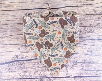 Howdy Dog Bandana Tan | Tie On Dog Scarf | Western Dog Bandana | Desert Dog Scarf | Cowboy Dog Scarf | Farm Dog Accessory
