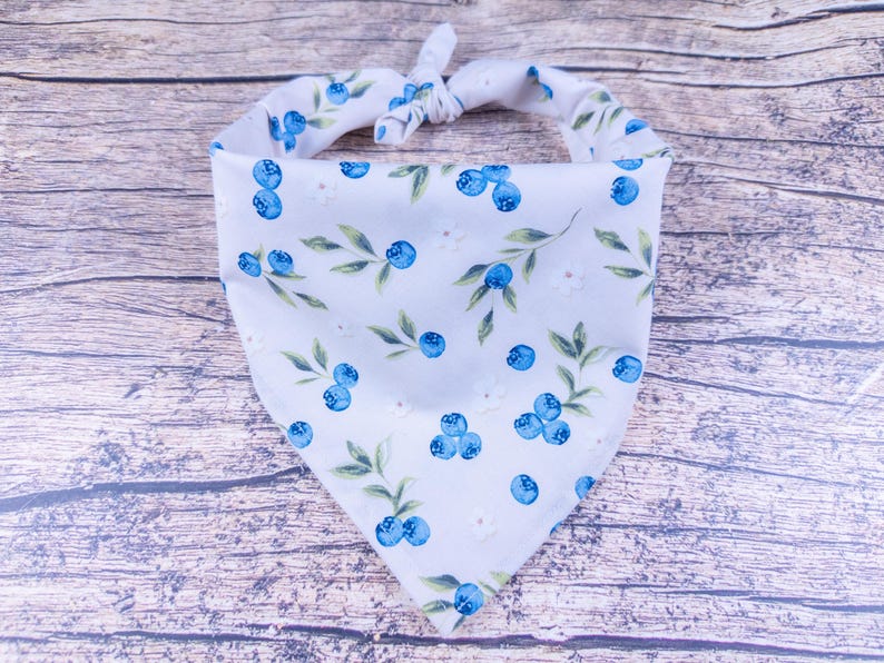 May include: A white dog bandana with a pattern of blue blueberries and green leaves. The bandana is tied at the top and is made of a soft fabric. The background is a wooden surface.