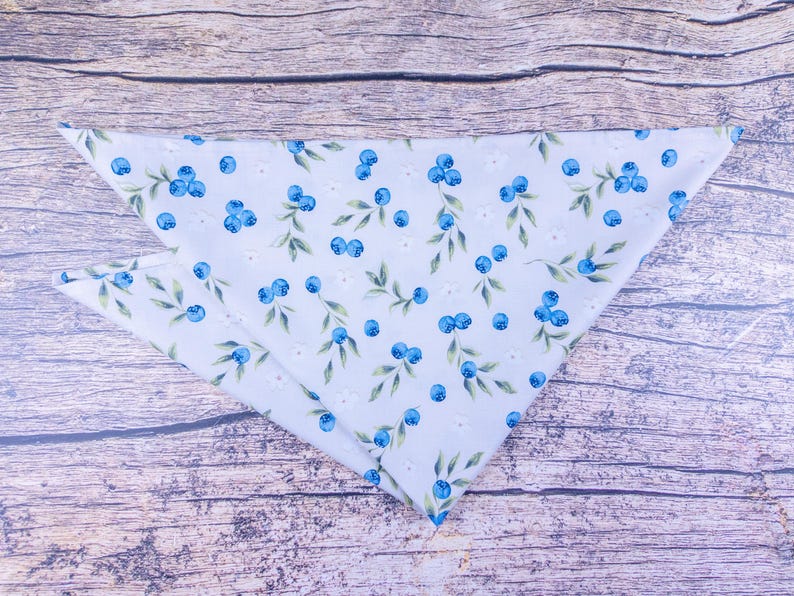 May include: A light blue bandana with a pattern of blueberries and green leaves. The fabric is folded into a triangle shape, with the pattern visible on the front. The bandana is made of a soft, lightweight material.