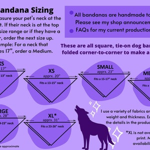 May include: A chart with instructions on how to measure a dog's neck for a bandana. The chart shows different sizes of bandanas with their approximate measurements in inches. The chart also includes a note that dimensions are approximate. The chart is on a purple background with a white wolf illustration.