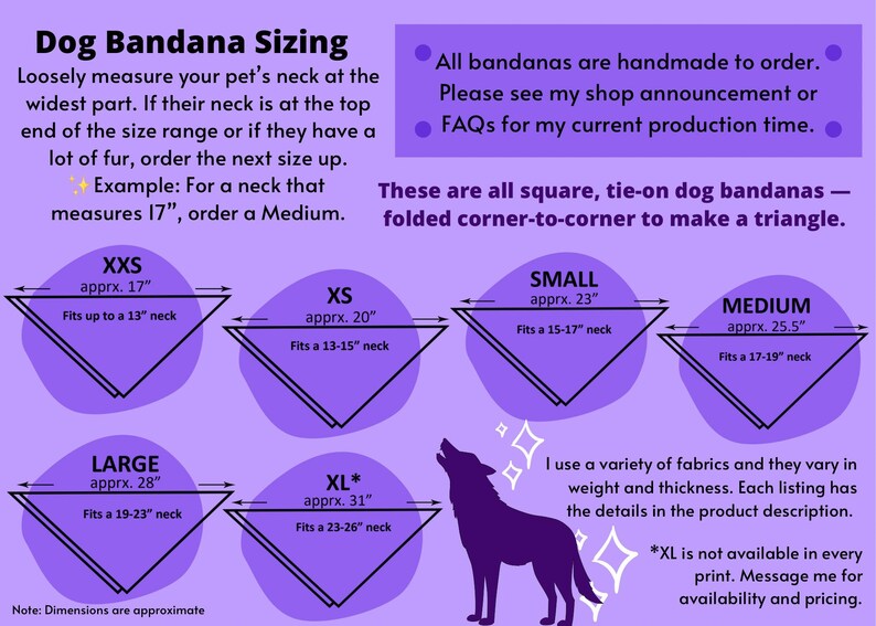 May include: A chart with instructions on how to measure a dog's neck for a bandana. The chart shows different sizes of bandanas with their approximate measurements in inches. The chart also includes a note that dimensions are approximate. The chart is on a purple background with a white wolf illustration.
