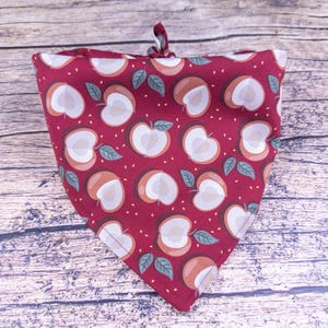 May include: A triangular pet bandana in a deep red fabric featuring a repeating pattern of halved apples with light tan centers and small green leaves. The bandana includes a fabric tie at the top center for securing the accessory around a neck.