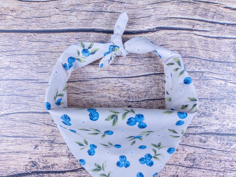 May include: A white pet bandana with a pattern of blue blueberries and green leaves. The bandana is tied at the top, creating a triangle shape. The fabric has a soft, slightly textured appearance.