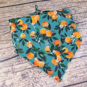May include: A teal blue bandana with a white and orange floral print featuring oranges and leaves.