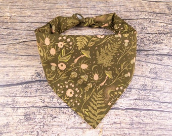 Woodland Dog Bandana Green & Peach | Tie On Dog Scarf | Mushroom Dog Bandana | Forest Dog Bandana | Moth Dog Bandana | Summer Dog Scarf