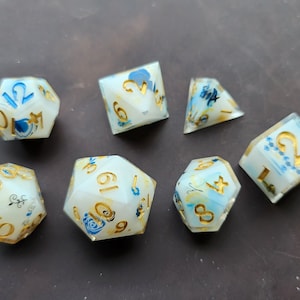 Dice Set (Gilded Porcelain) - 7 pc sharp edge resin polyhedral dice set for dnd, dungeons and dragons, pathfinder, ttrpg