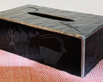 ステンドグラスと鉛、ヴィンテージ、ハンドメイド、エッチング、ネイティブアメリカンのティッシュボックス