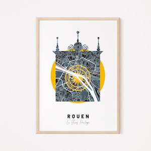 ROUEN - Carte personnalisée de Rouen, poster Gros Horloge, affiche Rouen, map Rouen, design Rouen, ville, Horloge, Rouen, décoration, mur
