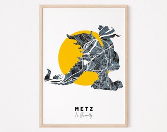 METZ - Cartel de decoración de Metz, cartel de Graoully, cartel de Metz, mapa de Metz, diseño de Metz, ciudad, Dragón, Graoully Metz, regalo de Metz