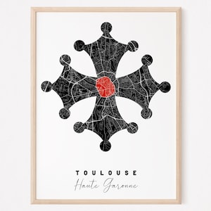 TOULOUSE - Carte originale de Toulouse/ affiche Toulouse, poster Toulouse, map Toulouse, design Toulouse, ville, décoration, croix occitane