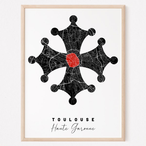 TOULOUSE - Carte originale de Toulouse/ affiche Toulouse, poster Toulouse, map Toulouse, design Toulouse, ville, décoration, croix occitane