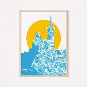 MARSEILLE - Carte unique de Marseille, poster Notre-Dame de la Garde, affiche Marseille, map Marseille, design Marseille, ville, OM, foot