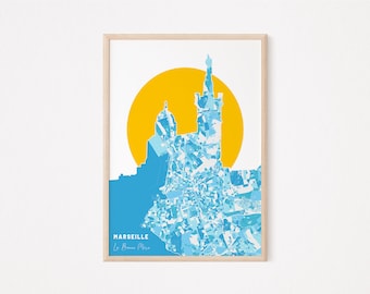 MARSEILLE - Unique map of Marseille, Notre-Dame de la Garde poster, Marseille poster, Marseille map, Marseille design, city, OM, football