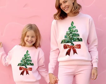 Feestelijke Faux borduurwerk kerstboom coquette Bow PNG patch groene en rode pailletten patch voor kussens shirts DTF ontwerpen bijpassende pyjama's