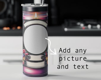 tall candle Memorial Design Tumbler Wrap with Picture Frame PNG File for sublimation - label Butterflies - Cherish the Memory of Loved Ones