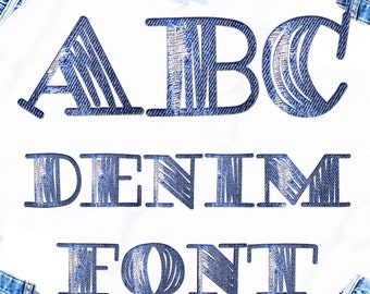 clipart digital denim jeans font download for planner stickers and more. PNG file bundle. Full alphabet capital letters A-Z