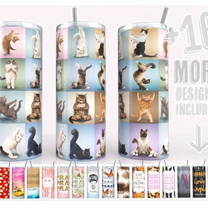 Cat Mom & Crazy Cat Lady 20oz Skinny Tumbler Wrap - Funny Yoga Cats - Sublimation PNG droite/conique - Idée cadeau parfaite pour elle