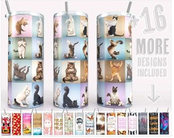 Cat Mom & Crazy Cat Lady 20oz Skinny Tumbler Wrap - Funny Yoga Cats - Straight/Tapered PNG Sublimation - Perfect Gift Idea for Her