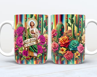 Saint Jude Thaddeus Mug: Mexican Floral Design (PNG Digital Download)