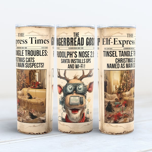 Christmas tree 20 oz tumbler wrap newspaper headlines for sublimation printing, Rudolph front page, tinsel tangle and cats funny elf express