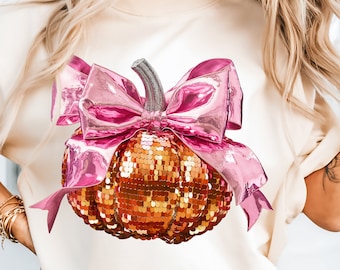 Retro Halloween PNG: Pink Bow Sequin Pumpkin Design (Digital Download)
